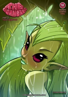 Elfa verde con pechos prominentes, ojos rosados y boca húmeda, sudor resbala por su piel en The Cummoner #5