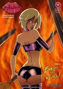 Blonde ojos rojos en top morado y bragas ajustadas, espalda y culo al aire, piernas abiertas con escoba en llamas.