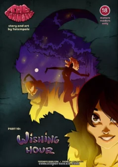 Mujeres semidesnudas danzando sensualmente bajo luna llena, bruja con cola masturbándose en bosque oscuro