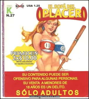 Mujer con senos cubiertos por bolas de billar 11 y 0 sostiene varilla de pool en El Sofá del Placer #27