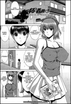 Hermana mayor de Manatzu No Hanazono #11 con tetas grandes en sostén y falda corta sostiene revista erótica ante chico