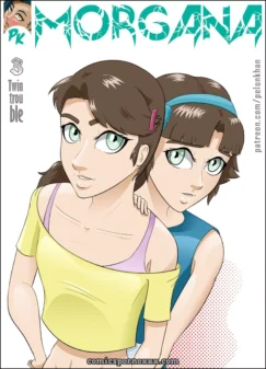 Dos mujeres de ojos verdes en tops ajustados amarillo y azul mostrando tetas y caderas abrazadas en Morgana #3