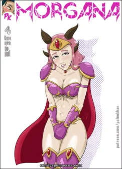 Morgana con pechos al descubierto en sujetador morado, cuernos, capa roja y guantes largos tocándose el coño