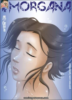 Cabello mojado ondeando, labios húmedos entreabiertos, gotas de agua en pecho desnudo con pezones erectos y burbujas alrededor.