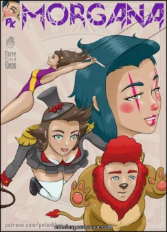 Morgana de cabello azul con marcas rojas, en traje de circo con látigo, una mujer en traje de león con garras rosadas la folla.