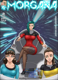 Morgana #8: Mujer de cabello verde en traje rojo ajustado exhibiendo muslo tatuado y escote profundo en silla espacial.