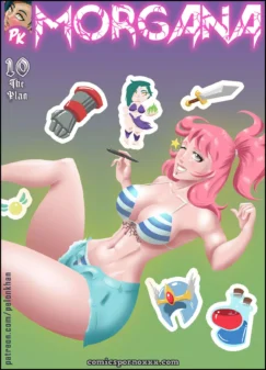 Morgana #10 con top de bikini azul, shorts ajustados, piernas abiertas y vagina expuesta pechos grandes y sonrisa pícara