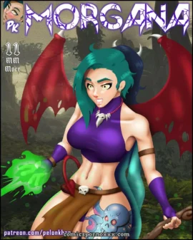 Morgana #11 top morado mostrando senos, alas rojas, energía verde en mano, tatuaje calavera muslo y cintura descubierta.