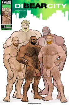 Hombres musculosos de pie, sosteniendo el ombligo de otros, en un entorno urbano.