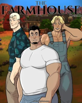 Hombres musculosos en la granja sonrientes, dos con peinado rubio y uno con negro, visten camisas y mangas blancas.