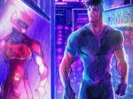 Soldado musculoso en ropa ajustada, posando en lluvia urbana neon, arte de Phausto, historia de Noxphire.