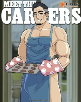 Musculoso hombre gay con delantal azul ajustado exhibe pectorales y entrepierna tensa sosteniendo galletas y guantes patitos