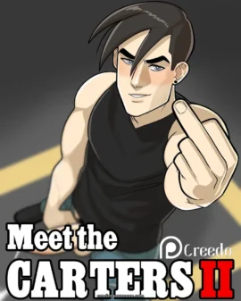 Hombre musculoso en camiseta negra mostrando dedo medio y mirada lujuriosa en Meet the Carters II Gay Parte 2