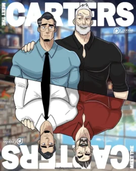 Dos hombres musculosos abrazados, uno en azul con corbata y otro en negro, penes erectos apretados y culos en reflexión