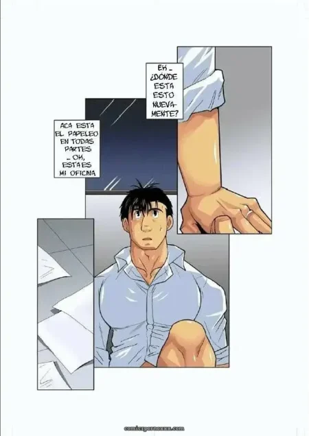 Un manga de un chico con una camiseta blanca y una pierna extendida. +18 nsfw