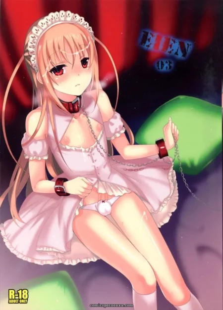 Una joven con un collar rojo y una corona de flores en su cabeza se sienta en una cama con sus piernas abiertas y sus dedos entrelazados. +18 nsfw