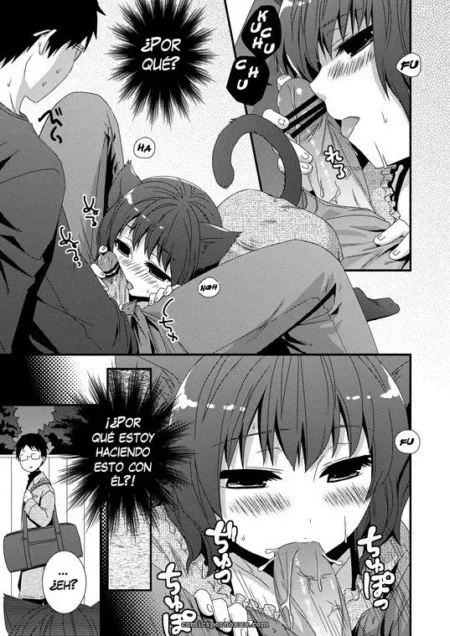 La imagen es una página de manga que muestra a un personaje femenino dormido con su amante masculino. El personaje femenino está acurrucada y suspira, mientras el amante la abraza. +18 nsfw