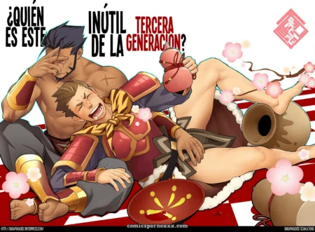 Un hombre con una camisa roja y una corbata amarilla está sentado sobre una pierna de otro hombre, ambos son de la tercera generación. +18 nsfw