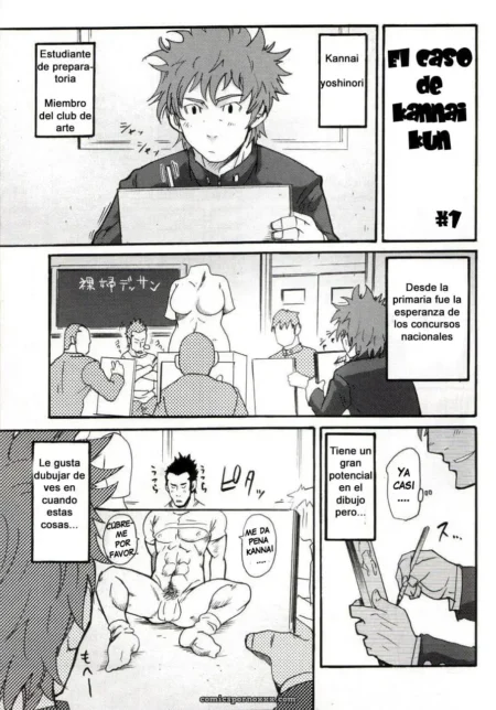 Kannai yoshinori dibuja a un chico en el aula, mirando su dibujo con orgullo. +18 nsfw