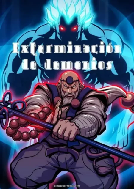 Un anciano samurái con una espada de dos puntas, una barba blanca y una expresión serena, sostiene una antorcha roja en su mano izquierda, mientras una figura azulada y luminosa con ojos rojos y una cola de ángel se levanta detrás de él. +18 nsfw