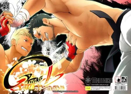 Dos musculosos boxeadores se enfrentan en una pelea de boxeo, uno con guantes rojos y el otro con guantes blancos, ambos con músculos bien definidos y expresiones de intensa concentración. +18 nsfw