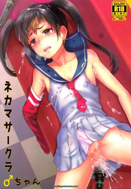 Una chica con una falda azul y una camiseta roja está sentada en un sofá rojo, mirando hacia arriba con una expresión de sorpresa. +18 nsfw