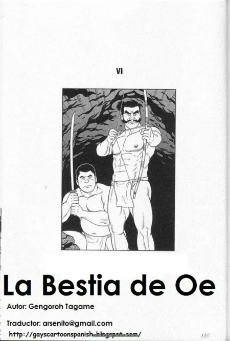 Un hombre musculoso con una flecha en la mano y una espada en la otra, mirando a otro hombre con una expresión seria. +18 nsfw
