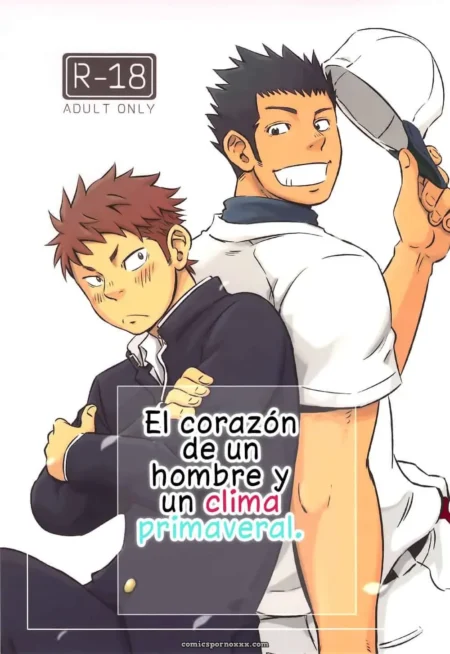 Un chico con cabello rojo abraza a otro con una camiseta blanca y una gorra. El texto dice: El corazón de un hombre y un clima primaveral. +18 nsfw