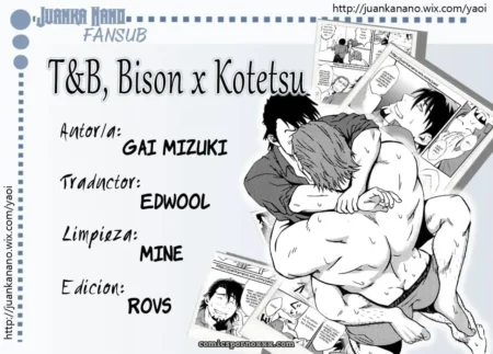 En la imagen se ve a T&B, Bison y Kotetsu, con T&B abrazando a Bison mientras este último es atacado por Kotetsu. +18 nsfw