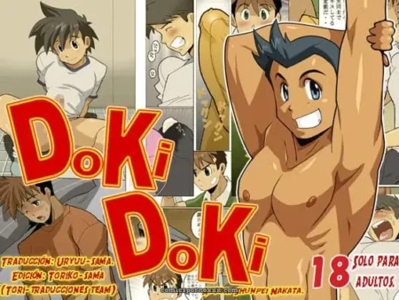 La imagen muestra un anime de un hombre sin camisa con el nombre Doki Doki en rojo. +18 nsfw