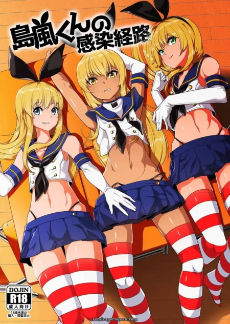 Tres chicas en uniformes escolares con orejas de conejo y medias a rayas rojas y blancas. +18 nsfw