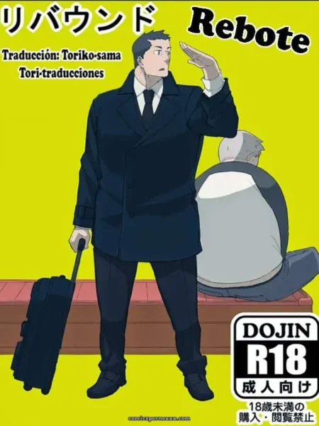 Hombre en traje con maleta, hombre mayor sentado, fondo amarillo, texto en japonés y español. +18 nsfw