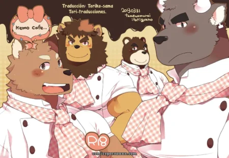 Personajes de animales con sombreros y bufandas de cuadros, posando juntos. +18 nsfw
