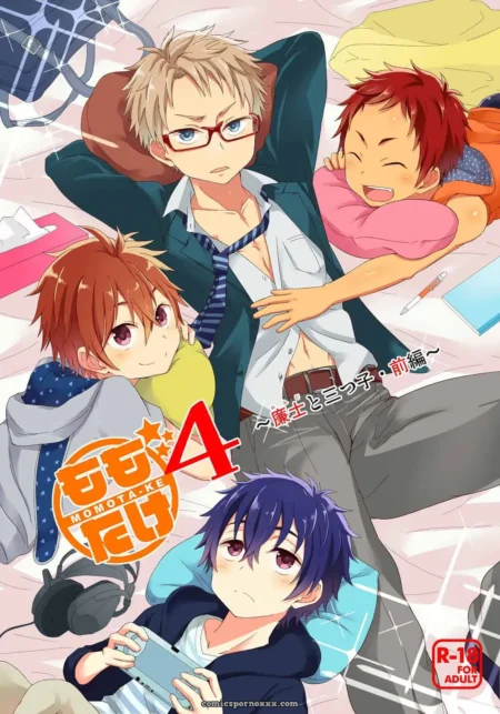 Cuatro personajes de anime están tumbados en una cama, dos son hombres y dos son mujeres, con expresiones de diversidad emocional. +18 nsfw