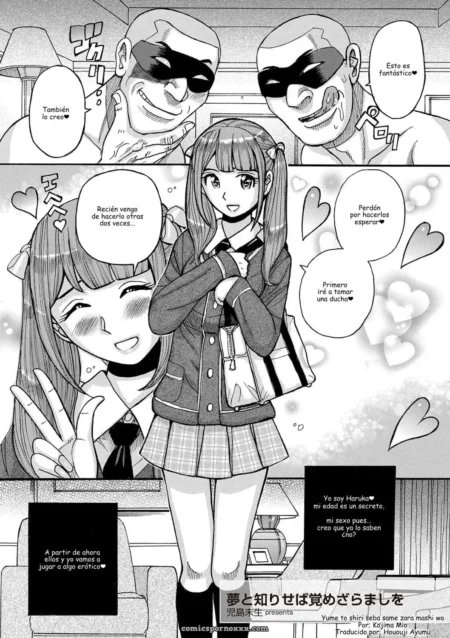 Tres personajes en una escena cómica, dos hombres y una chica, con expresiones divertidas y corazones. +18 nsfw