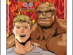 Cartel de cómics con dos personajes musculosos, uno con el torso desnudo y otro con el torso cubierto, frente a un fondo rojo con símbolos. Título: Aumentando la Temperatura. Escrito e ilustrado por Boso Romantics.