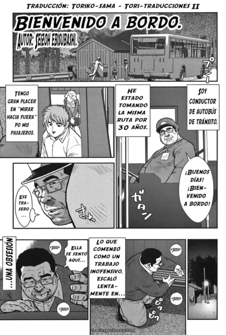 Un conductor de autobús de tránsito bienvenida a bordo a un pasajero que mira hacia fuera. +18 nsfw