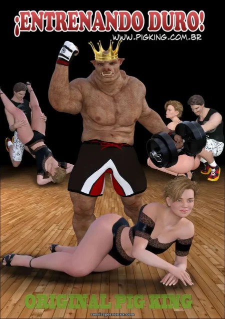 Rey cerdo musculoso con corona levanta pesas mientras perras en lencería lo montan y chupan su gran pene. +18 nsfw