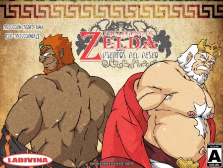 Dos hombres musculosos con pechos peludos, penes erectos, uno con barba blanca y corona, el otro pelirrojo, sudorosos +18 nsfw