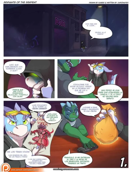 Reptil verde y azul follando apasionadamente en bar con neón mientras sostienen saco de oro brillante y miradas lascivas