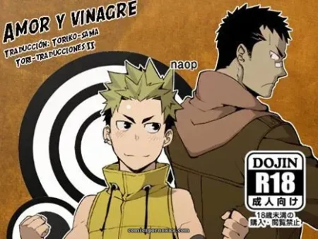 Dos hombres musculosos, uno con capucha marrón y cicatriz, otro con pelo verde en sudadera amarilla, en acto sexual explícito. +18 nsfw