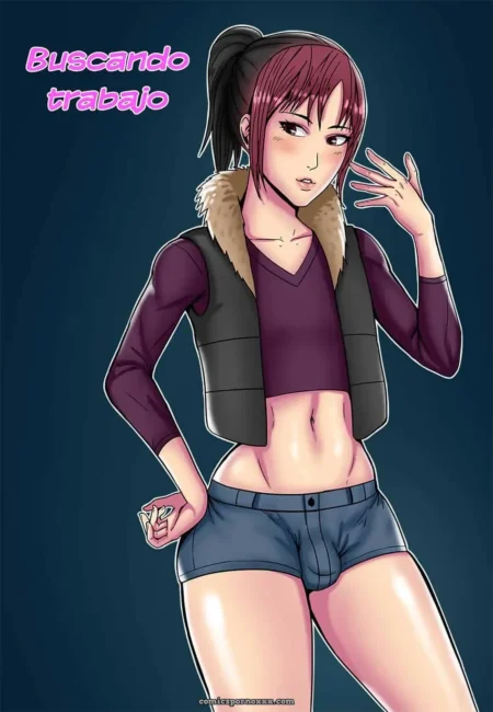 Mujer con top morado mostrando senos y abdomen, shorts ajustados buscando trabajo con mano en cadera y dedos en labios +18 nsfw