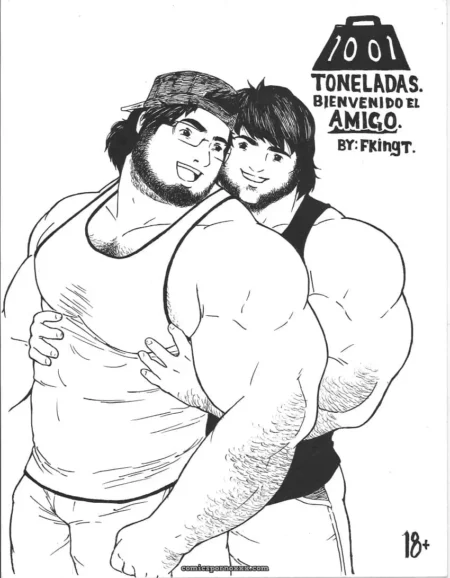 Musculosos hombres en tank tops abrazándose, velludos pechos y bíceps, cuerpos excitantes en cómic erótico 18+ +18 nsfw