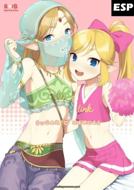 Elfas anime con top verde y máscara, minifalda rosa Link, apretando pechos y caderas en pose sexual. +18 nsfw