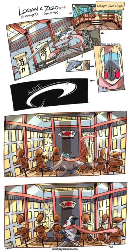 Greninja con lengua larga lamiendo coños de estudiantes en dojo mientras sangra excitado en modo sed de sangre R-18 +18 nsfw