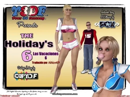 Chicas tops ajustados blancos y azules, shorts cortos, pechos grandes, chupando chicle, cómic Las Vacaciones 6