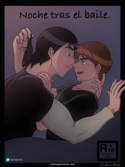 Dos hombres abrazados, uno acariciando cuello y cabello del otro mientras se acercan para besarse tras el baile