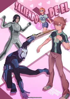 Personaje azul de traje ajustado agachado con pierna extendida exhibiendo pene erecto y muslos tensos