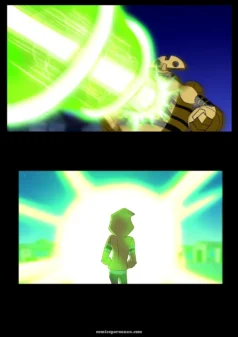 Robot dorado proyecta rayos verdes sobre el coño de una mujer con capucha de espaldas bajo luz intensa