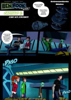 Chica pelirroja en traje rojo con tetas grandes camina mientras alien verde la mira con polla erecta en nave espacial oscura